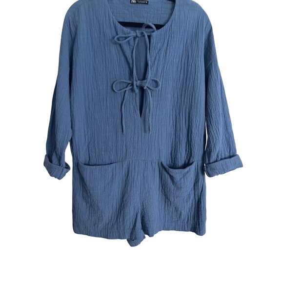 2/$25 ZARA Blue Medium Textured Long Sleeve Romper Double Tie Neck Detail - Picture 4 of 13